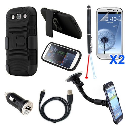 7in1 Case Car mount Charger Accessory Bundle Kit For Samsung Galaxy S3 