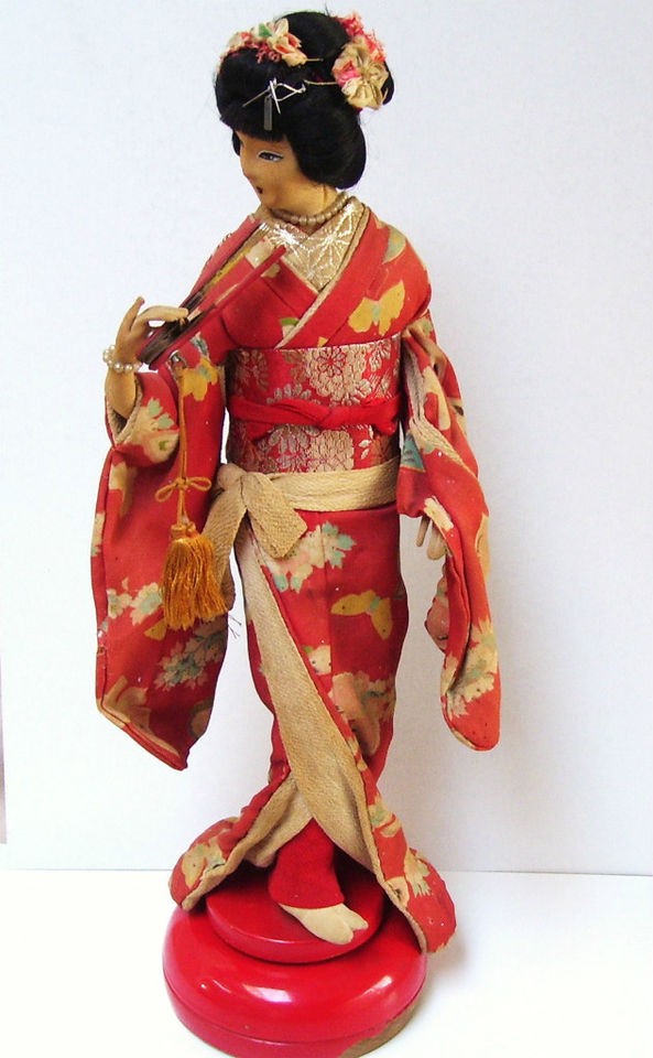 Antique Japanese Geisha Doll Cylinder Music Box Stand Brass Kimono 
