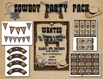 Cowboy Party Pack  Invitation, Banner, Bookmarks, Cupcake Toppers 
