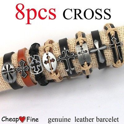   lots 8pcs Mixed Style CROSS Christ ox Leather Bracelet For gift