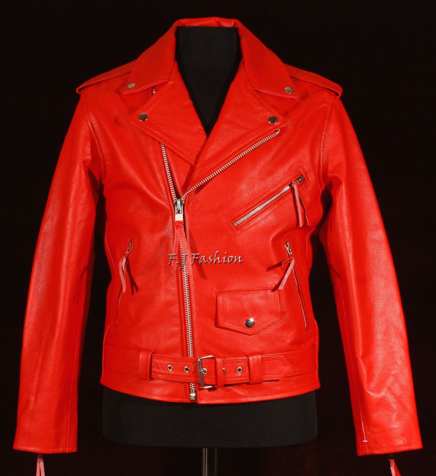 Brando Red Mens Motorcycle Cruiser Biker Real Cowhide Leather Fashion 