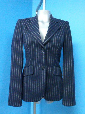 52002 Massimo Dutti   Dark Blue Pinstripe Wool Women Blazer Suit 