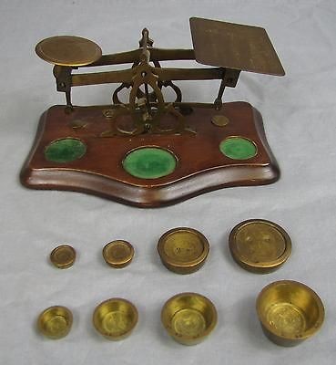 ANTIQUE BRASS & WOOD POSTAGE SCALE With Weights