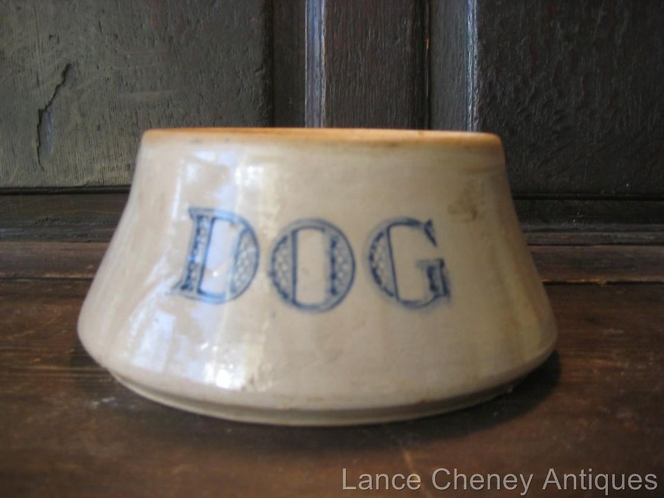 Vintage Large Stoneware Pottery Spaniel Type Dog Bowl Word DOG in Blue 