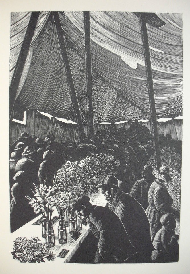 HARVEST FESTIVAL TENT, Flower Show C. LEIGHTON 1937 Print of Woodcut 