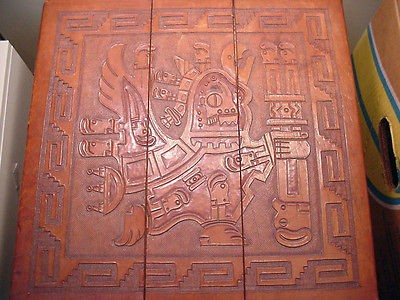 MAYAN AZTEC VINTAGE GATE LEG TABLE HAND TOOLED LEATHER TOP 19 HIGH 