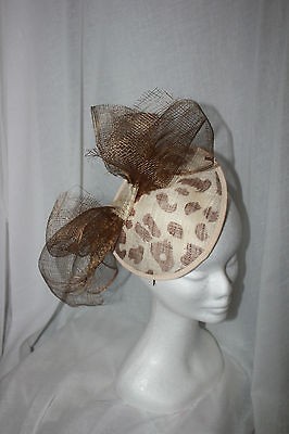 Leopard Print cream & brown sinamay Fascinator Races hat bow melbourne 