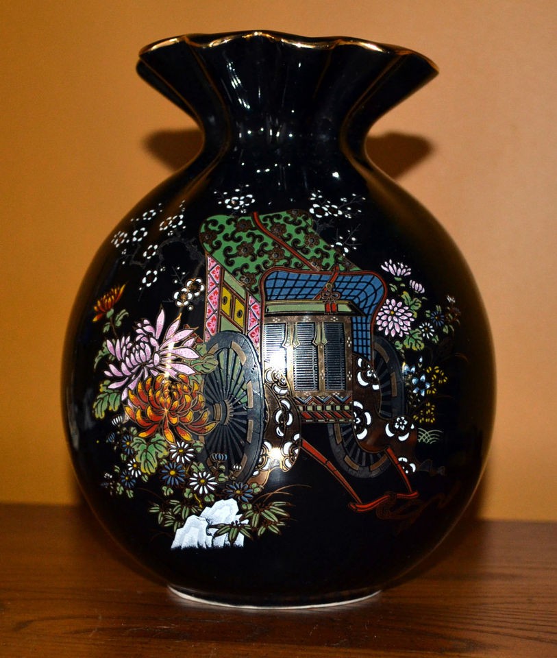 Black Japanese Porcelain Vase With Floral Design, Gold Trim