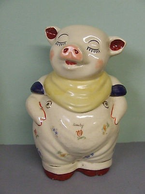   Pottery Smiley Pig w/Flower Decals & Gold Trim Cookie Jar (USA