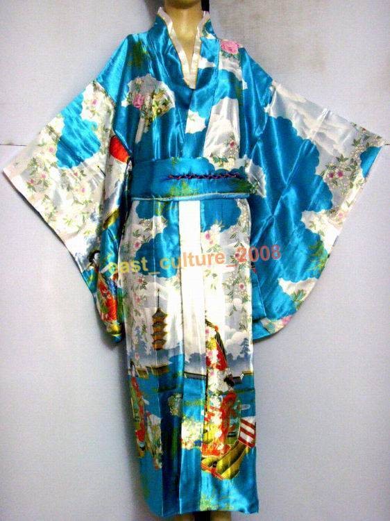 Japan Geisha Kimono Dress Robe Night Gown Blue WKD 11