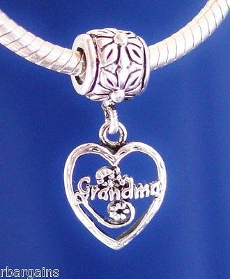 GRANDMA DANGLE HEART FAMILY LOVE Silver European Charm Bead fit for 