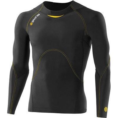 Mens Skins Compression A400 Long Sleeve Top Shirt Black Yellow *New 