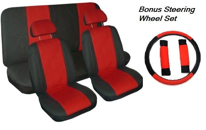   Full Set Red & Black 11pc Car Seat Covers Bonus Steering Wheel Cover