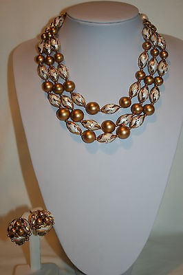   SIGNED DOUBLE STRAND OF WHITE & GOLD BEADED NECKLACE & EARRINGS