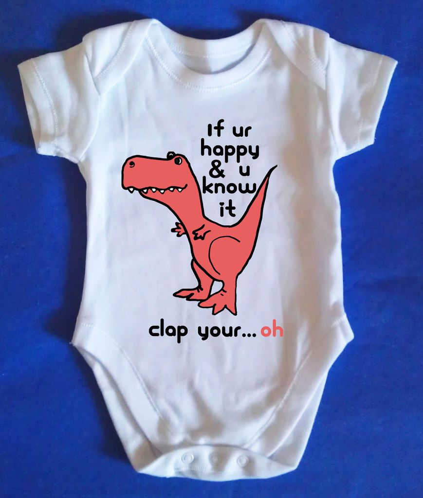 DINOSAUR Baby Grow / Body Suit, Retro, Baby Clothes, Funny T Rex clap 