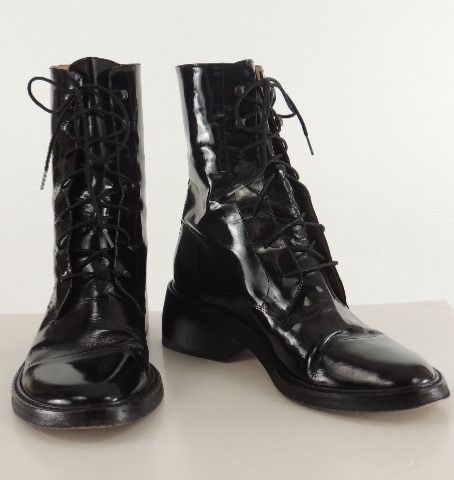 ANN DEMEULEMEESTER Black Patent Leather Laceup Ankle Boots 38