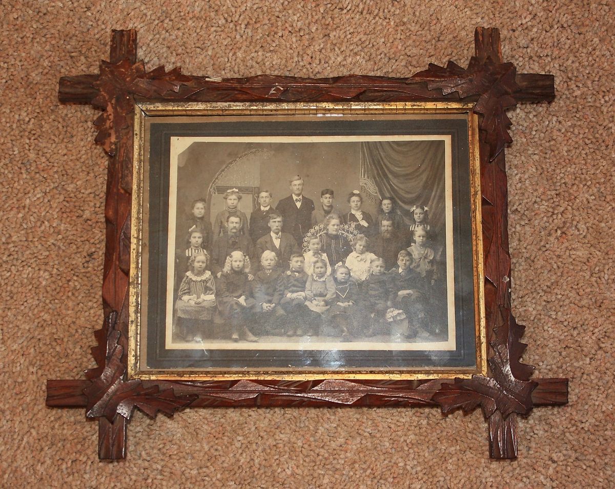 Antique Folk Art Tramp Art Frame w Old Picture Wood Primitive 1800s 