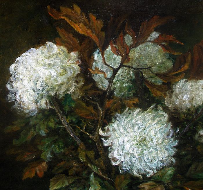 Large salon oil. White Chrysanths and Autumn leaves. Dated 1923.