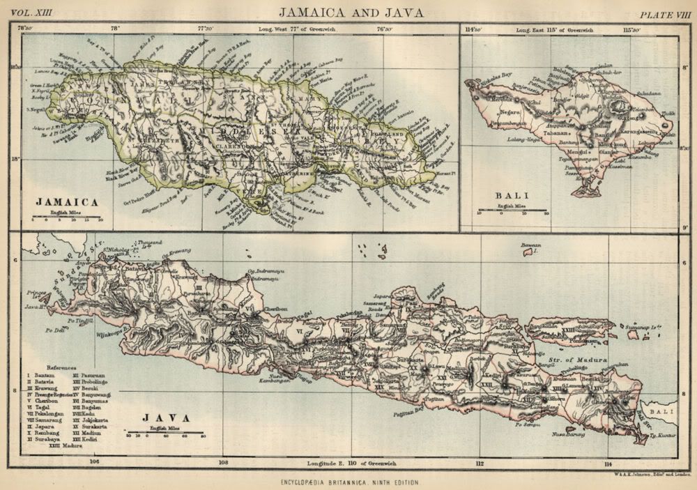 This color map of Jamaica; Java & Bali was included in Encylopaedia 