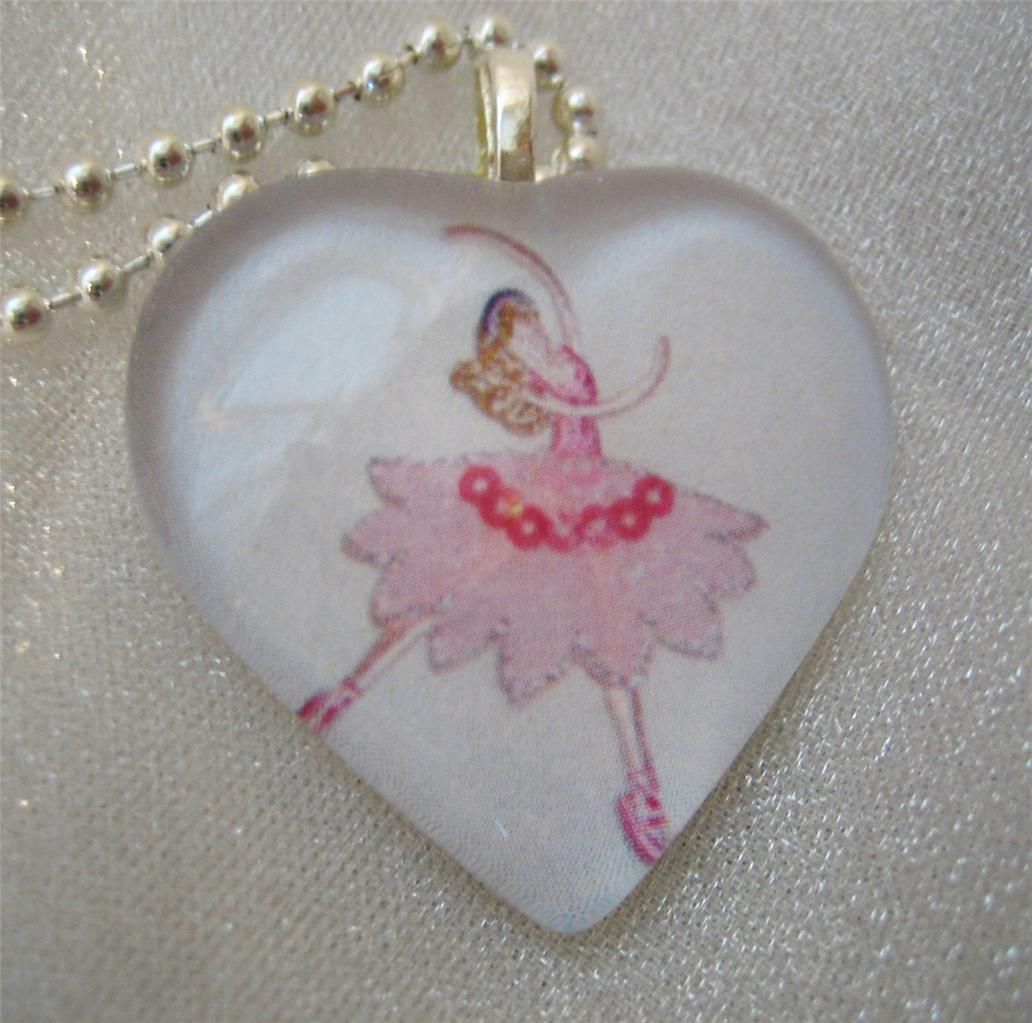 Ballet Dancer Ballerina Pink Tutu Dance Heart Shaped Glass Pendant Art 