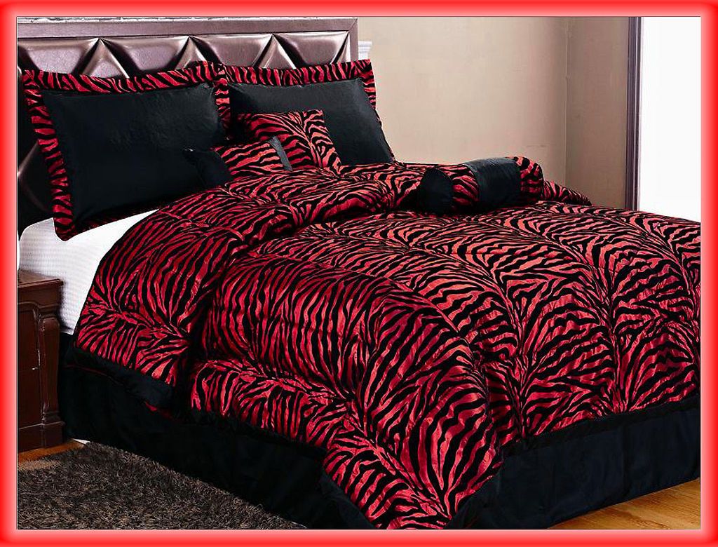 Pcs Flocking Zebra Satin Bed In A Bag Comforter Set Queen Burgundy 