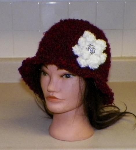 New Crochet Cloche Flapper Chemo Beanie 1920s Hat with Flower Ruby Red 