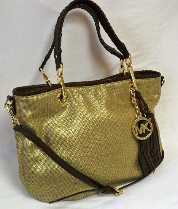 Michael Kors Bennet Medium Gold Canvas Tote Handbag With Brown Leather 