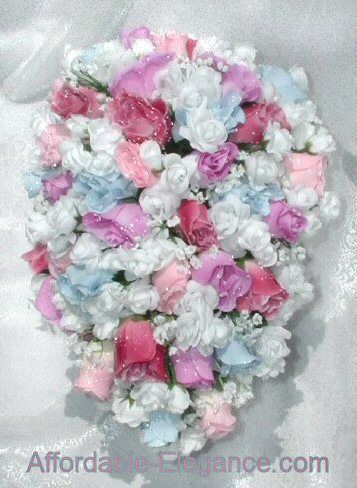   Cascade Bouquet Silk Wedding Flowers Rose Pinks Blue Lavender