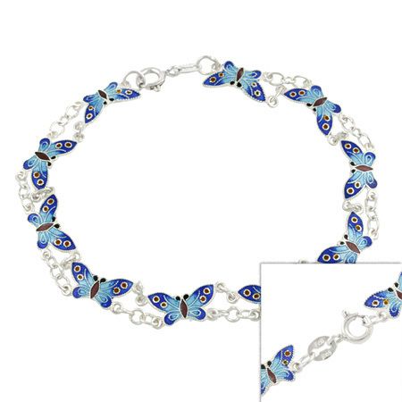 Sterling Silver Blue Enamel Butterfly Link Bracelet 8