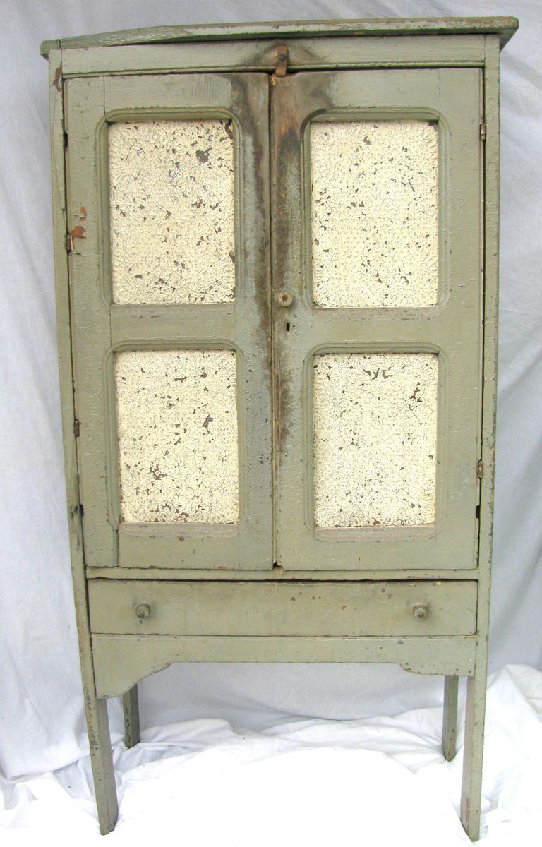 Antique Diminutive Punched Tin Painted Wooden Pie Safe