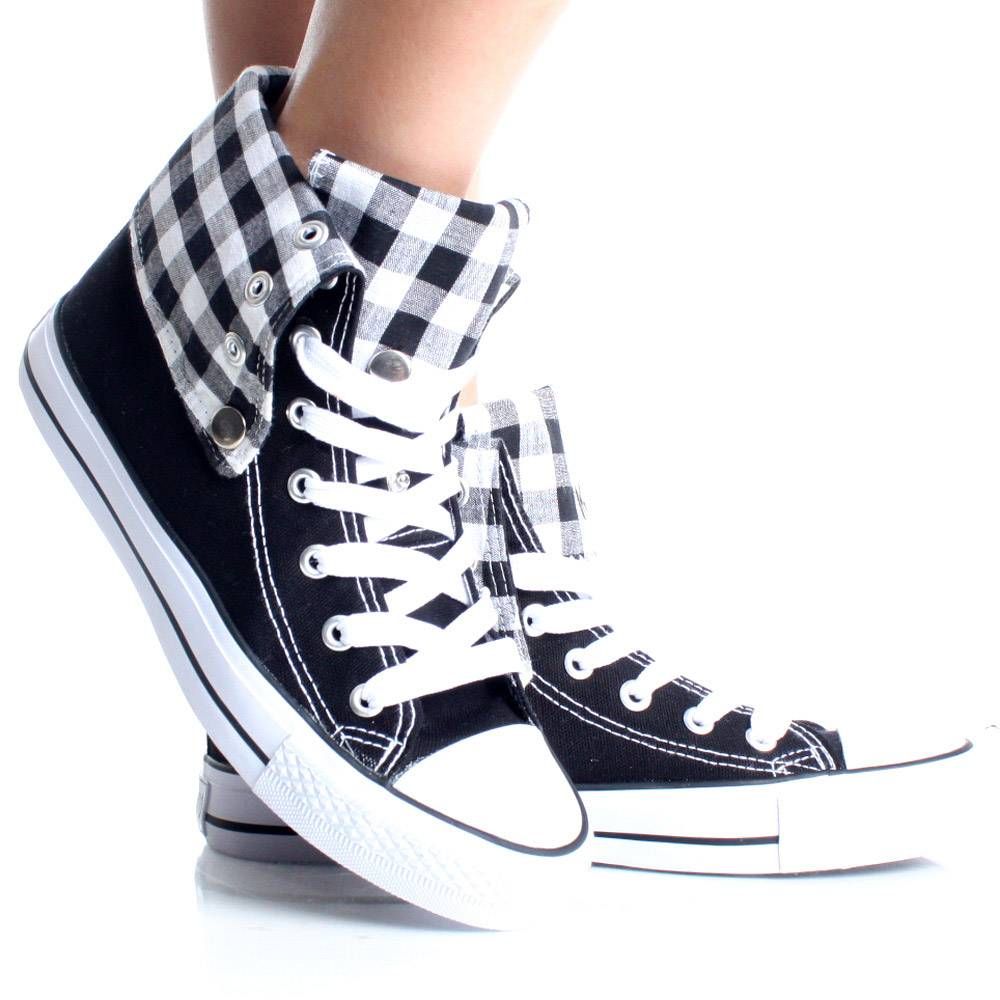 Womens High Top Sneakers Canvas Skate Shoes White Plaid Lace Up Boots 