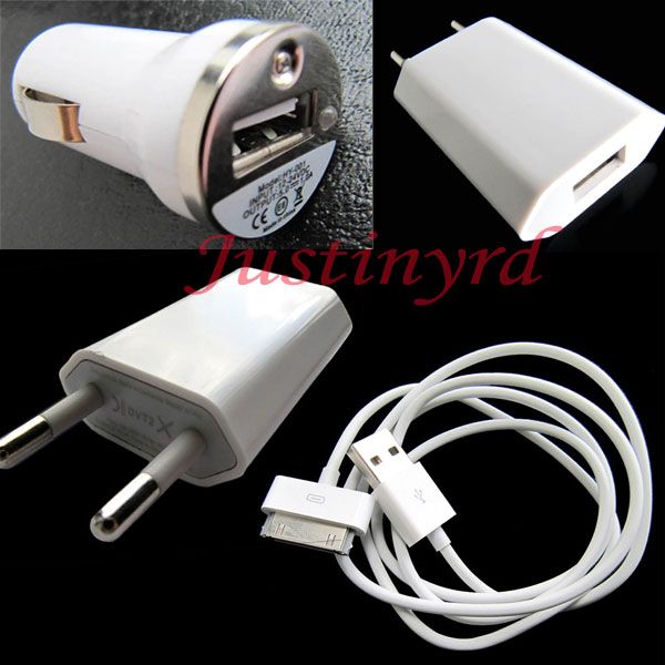 EU Wall Charger Adapter Car Charger USB Data Cable for iPhone 4G 3G 
