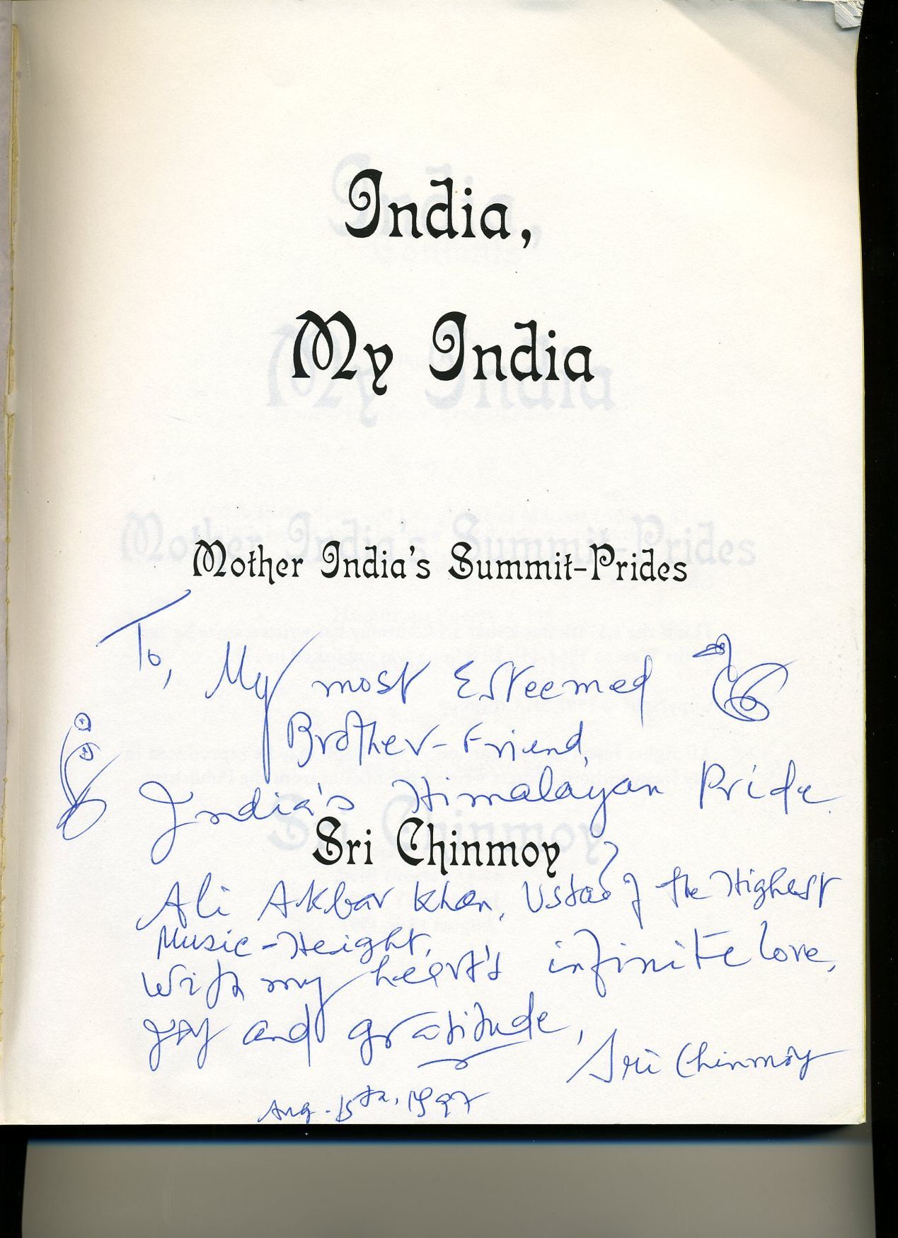 Sri Chinmoy India Indian Book Signed to Ali Akbar Khan