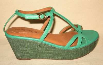 corso como green leather w linen wedge shoes sz 6
