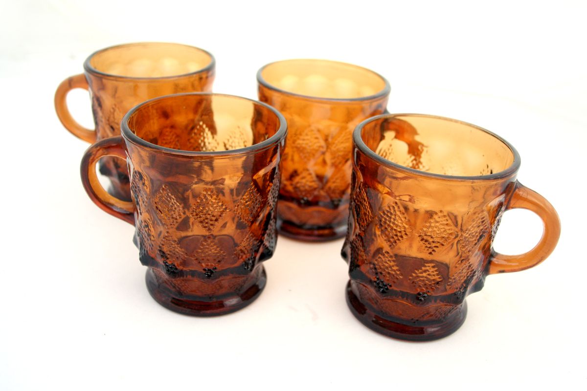  Set 4 Fire King Amber Kimberly Mugs Cups Anchor Hocking Brown