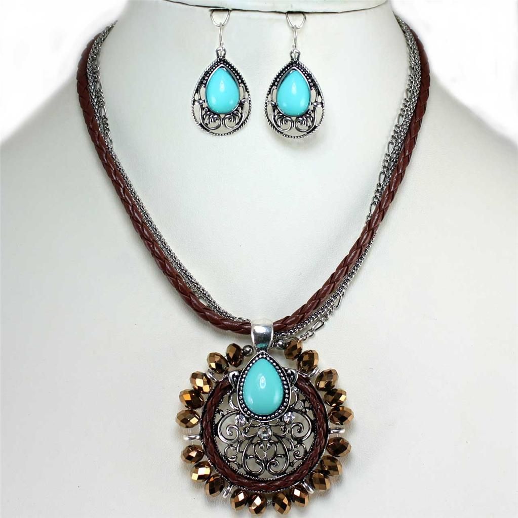  Turquoise Bronze Crystal Pendant Necklace Set Costume Jewelry