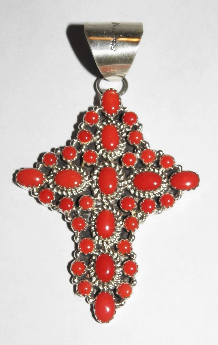 Nate Curley Navajo Red Coral Cross Pendant Sterling Silver Native