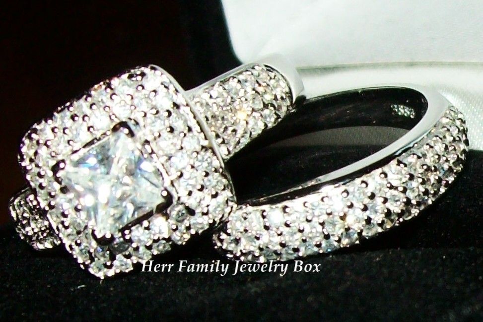  White Gold 925 Sterling Silver Princess Cut CZ Wedding Ring Band Set