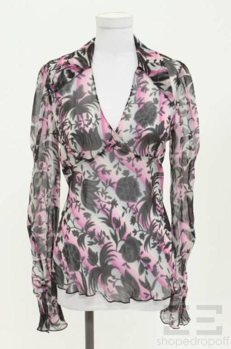 Diane Von Furstenberg Black & Pink Floral Silk Chiffon Blouse