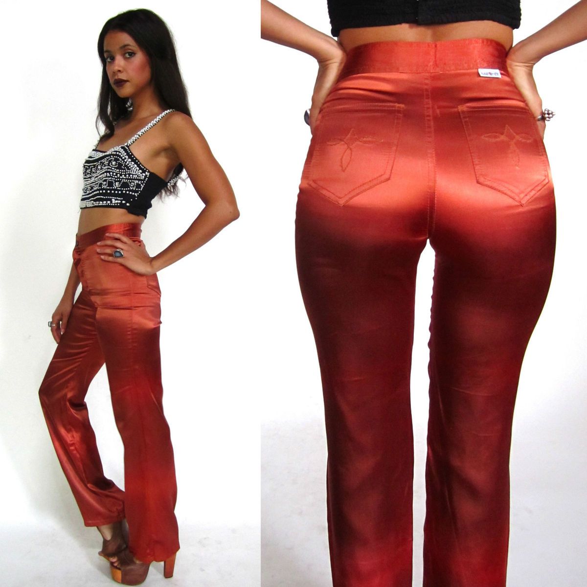 Copper Rust Shiny Satin Disco Pants Jeans Skinny Glam Western.