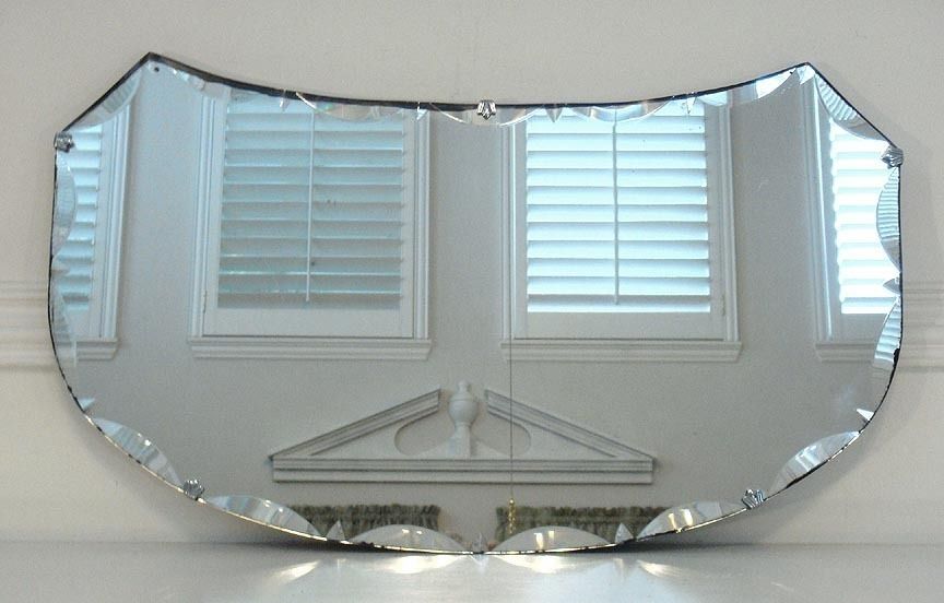 Vintage Art Deco Scalloped Diamond Point Beveled Glass Mirror w Fleur
