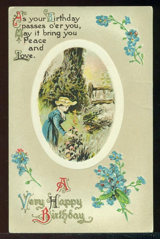 Very Happy Birthday Pretty Lady Picks Flowers Verse Vintage Postcard