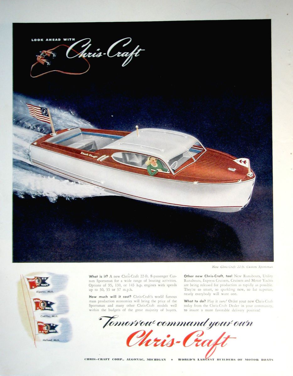 1945 Chris Craft Boat Ad 22ft Custom Sportsman Model