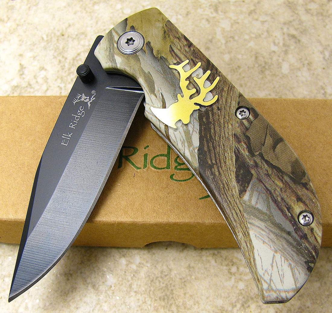 Elk Ridge Folding Clip Point Logo Black Blade Linerlock Pocket Knife