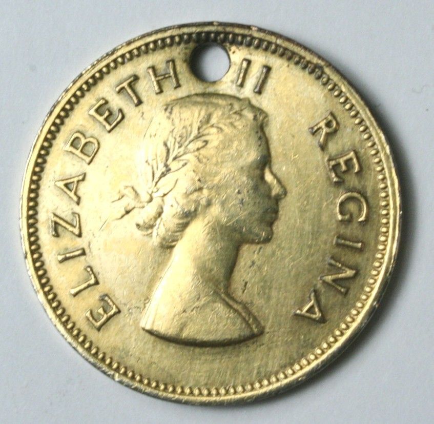 Vintage 1960 Coin Elizabeth II Regina South Africa 1 2 D Drilled