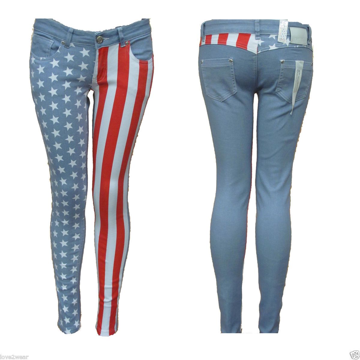 New♥ Ladies Denim Skinny Jeans Slim Fit USA American Flag Stars and