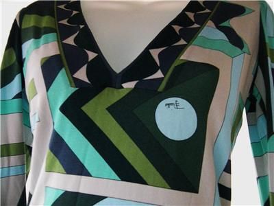 Emilio Pucci Green Geometric Design Long Sleeve V Neck Shirt 8 M
