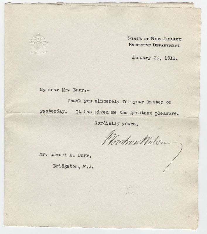 Woodrow Wilson Typed Letter Signed as Governor of New Jersey