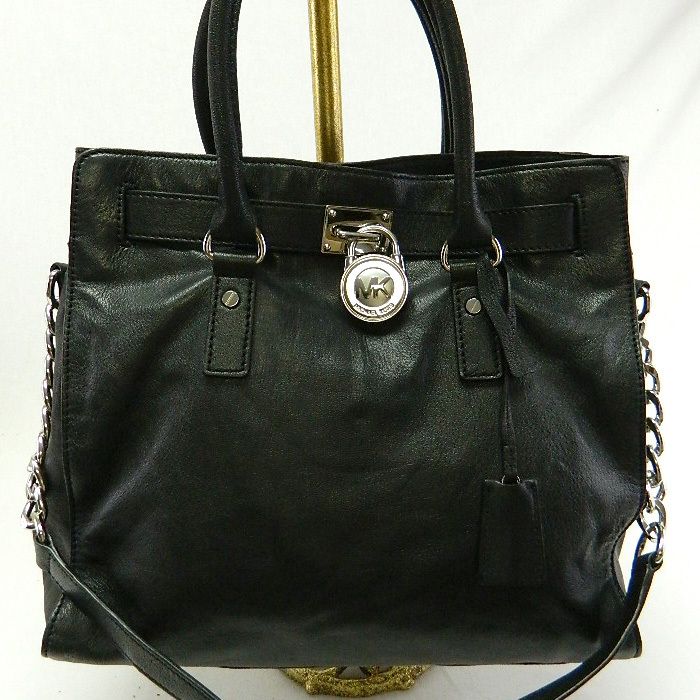 Michael Kors AUTH Hamilton BLACK Leather Silver Large Handbag Tote 348