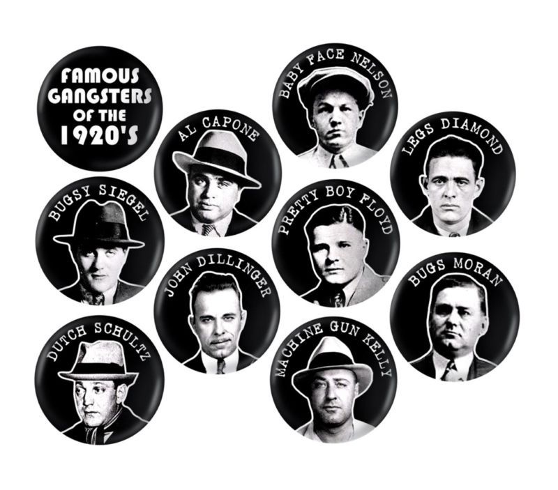 PROHIBITION GANGSTERS BUTTONS 10 PINS 1920S MAFIA